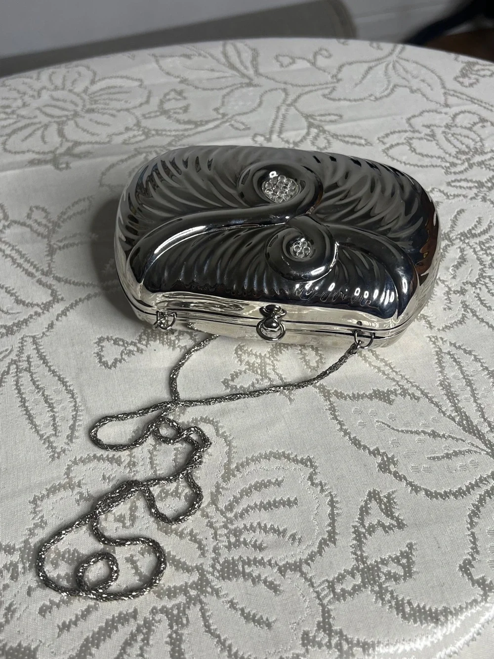 Vintage Le-Ann Metallic Silver Evening Clutch with Crystal Detail
